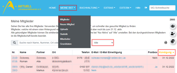 ALH WebPortal Gekündigte Mitglieder