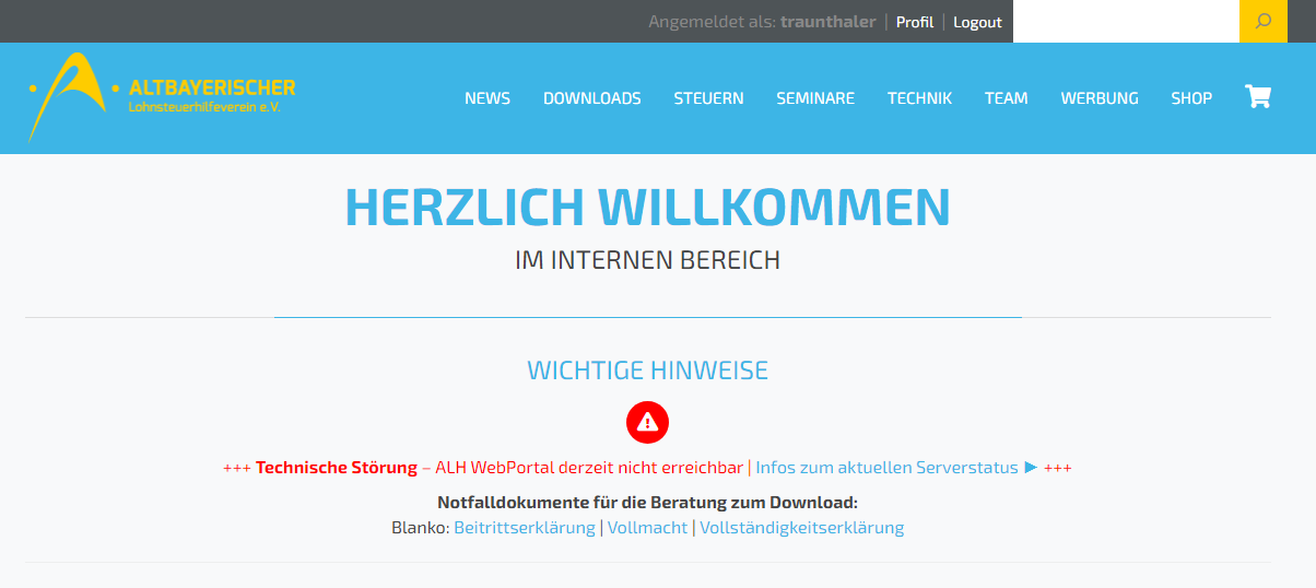 Ausfall ALH WebPortal | Notfalldokumente und Login interner Bereich