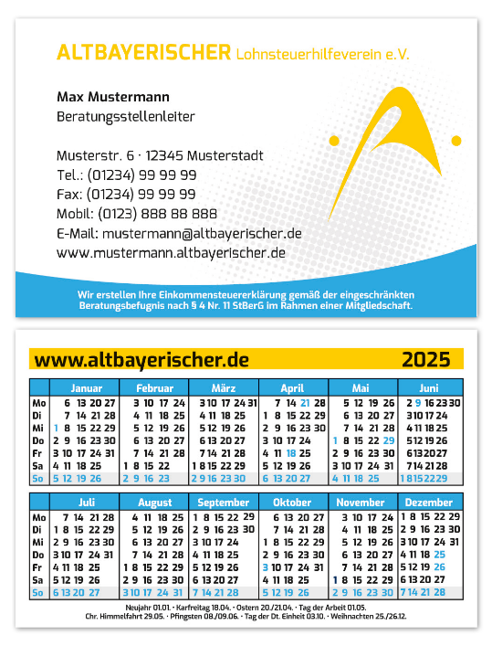 Kalendervisitenkarten mit Softtouchlack 2025 | Bestellstopp 31.08.
