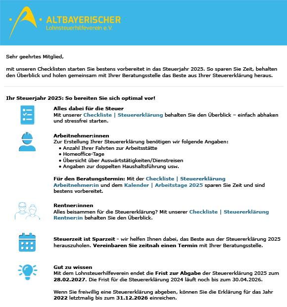 Mitgliedermailing: Tipps für die Steuererklärung 2025 + Checklisten